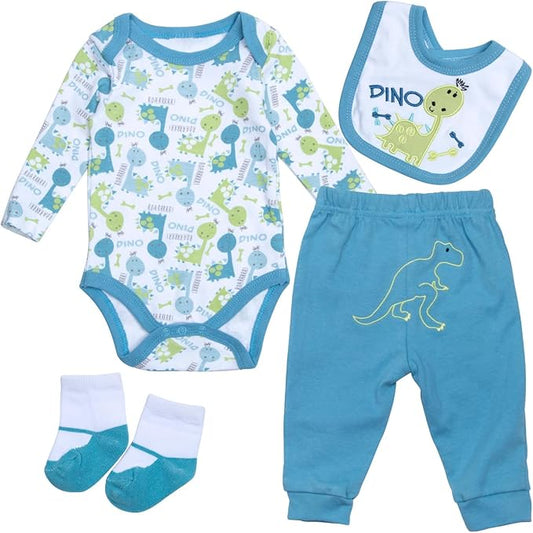 4 Pcs Reborn Baby Doll Clothes Boy for 17- 22 Inch Babydolls, Blue Dinosaur Outfits Realistic Reborn Baby Doll Accessories with Bib and Socks for Newborn Baby Boy