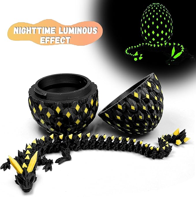 3D Printed Dragon Egg,Dragon Eggs Glow in with Dragon Inside Dark Articulated Animals Fidget Toy,Home Office Decor Executive Desk Toys for Autism/ADHD (Luminous Yellow)