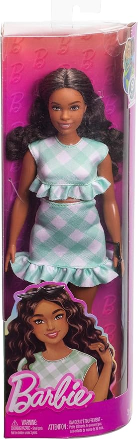 Barbie Fashionistas Doll #240 with Wavy Dark Brown Hair Wearing Minty Green Ruffled Gingham Dress, Sunglasses and Lavender Heels Accessories