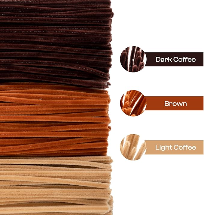 Caydo 300 Pieces Brown Pipe Cleaners for Flowers, Thick Fluffy Chenille Stems Bulk for Making Animals and Kids Creative Arts and Crafts
