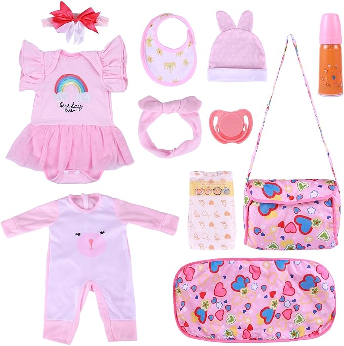 BABESIDE 11 PCS Reborn Baby Doll Clothes and Playset for 17-22 Inch Baby Doll Girl Outfits Accessories with Nursing Pad and Storage Bag, Pink