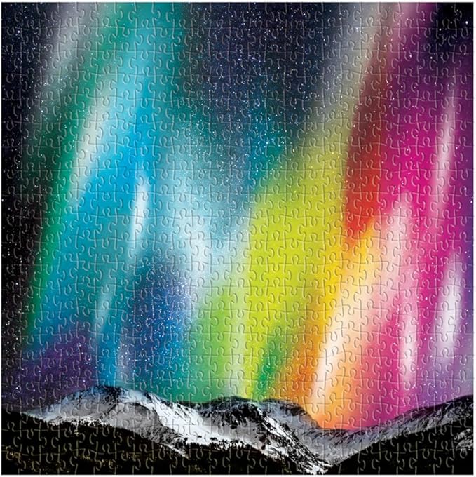 Galison Cosmic Lights 500 Piece Jigsaw Puzzle for Families and Adults, Outer Space Family Puzzle with Rainbow Aurora and Mountain Backdrop, White