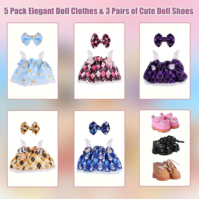 Ezcora Doll Costume, 5 Pack Clothes for 6" Doll, Includes 3 Pairs of Shoes, Great for Play and Display, Costume Accessories for Collectors