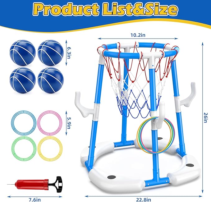 Floating Pool Basketball Hoop, 2-in-1 Basketball Pool Toys for Kids with 4 Balls 12 Rings, Summer Outdoor Swimming Pool Sports Game Water Play Toys for Kids Age 3-12