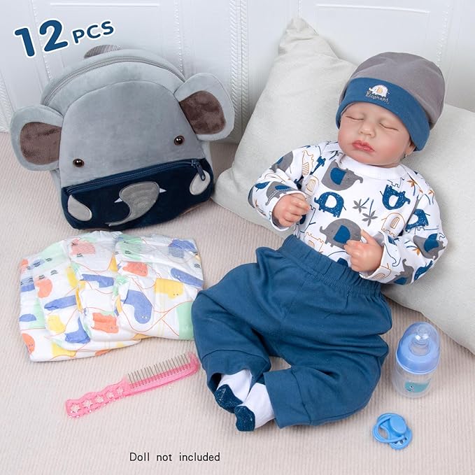 12 Pcs Reborn Baby Dolls Clothes Boy Outfit Accessories Elephant Theme Set for 17-22 Inch Reborn Dolls Newborn Boy with Elephant Backpack Diaper