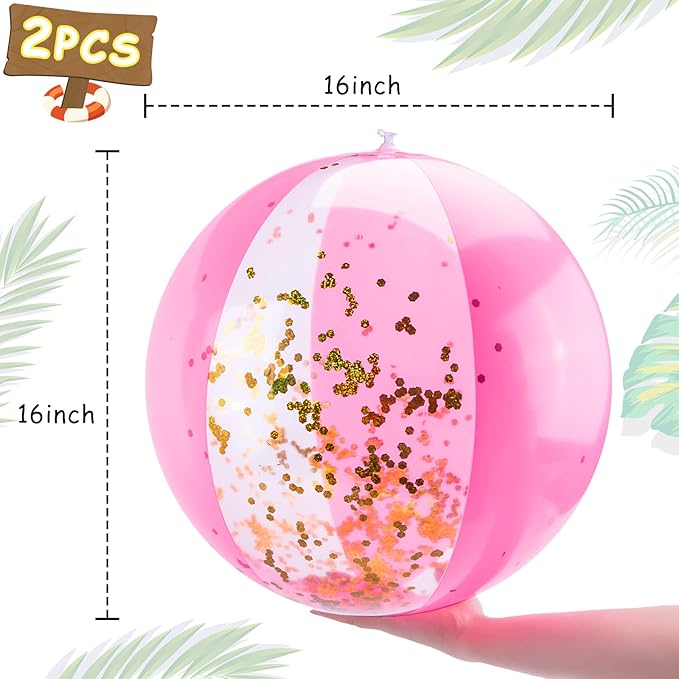FUTUREPLUSX 2PCS Glitter Beach Balls, 16 Inch Inflatable Pool Toys, for Beach Party Favor