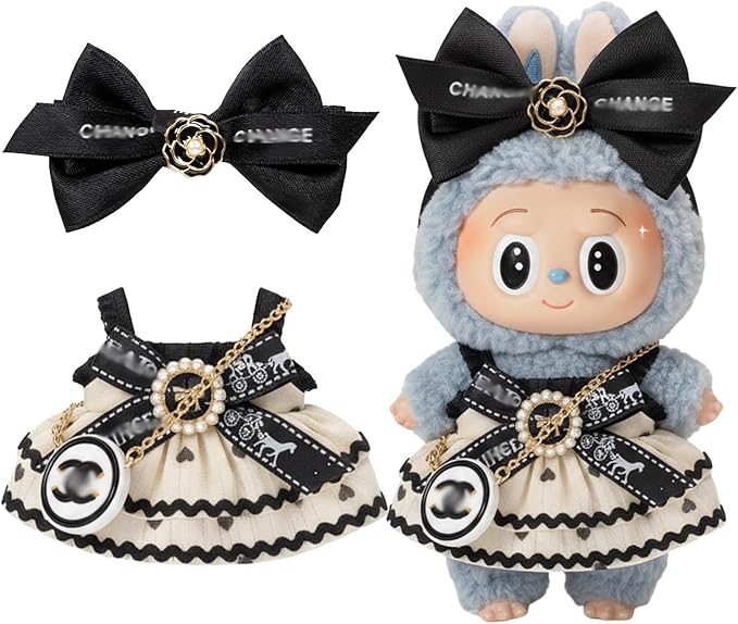 Doll Clothing Set (No Doll), Cute Bow, Crossbody Bag, Dress, Suitable for 15-17cm Dolls, Outfit Accessory Set for Unique Styling (Black-B)