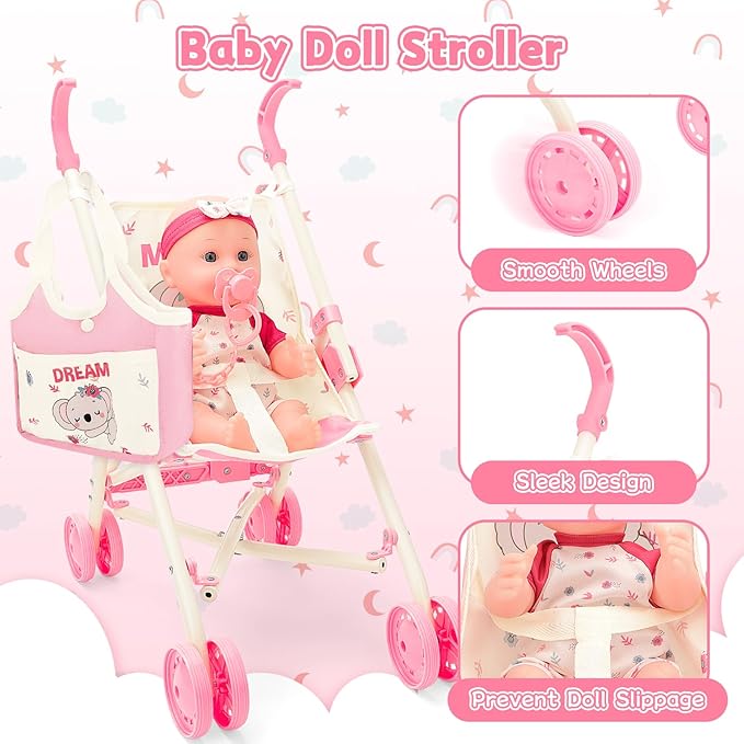 deAO Baby Doll Stroller Toys with 12" Baby Doll Accessories Crib Bed High Chair Nursery Role Play Set Play Mat,Travel Cot,Bouncer,Foldable Stroller,Travel Bag, Birthday Gifts for Toddlers Girls Boys