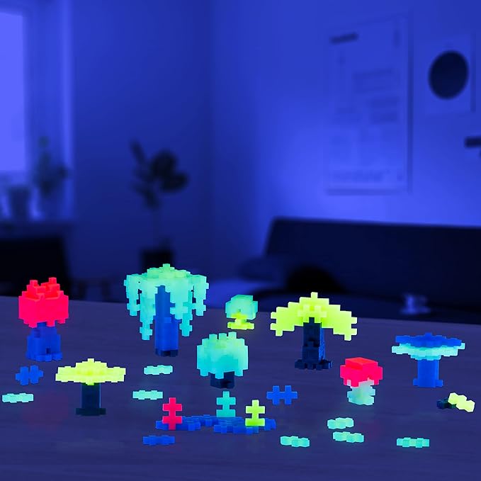 PLUS PLUS 240 Piece Interlocking Building Blocks for Kids, Open Ended Connecting Toys, STEM Bin Mini Manipulatives - Glow Mix Play Tube & Baseplate