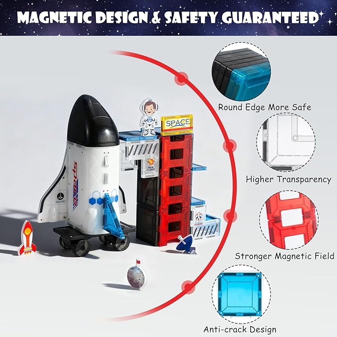 Space Magnetic Tiles for Kids, 30 Piece STEM Magnetic Building Blocks Set, Rocket Ship Space Station Educational Construction Toy with Astronaut Figure for Boys Girls Ages 3-8