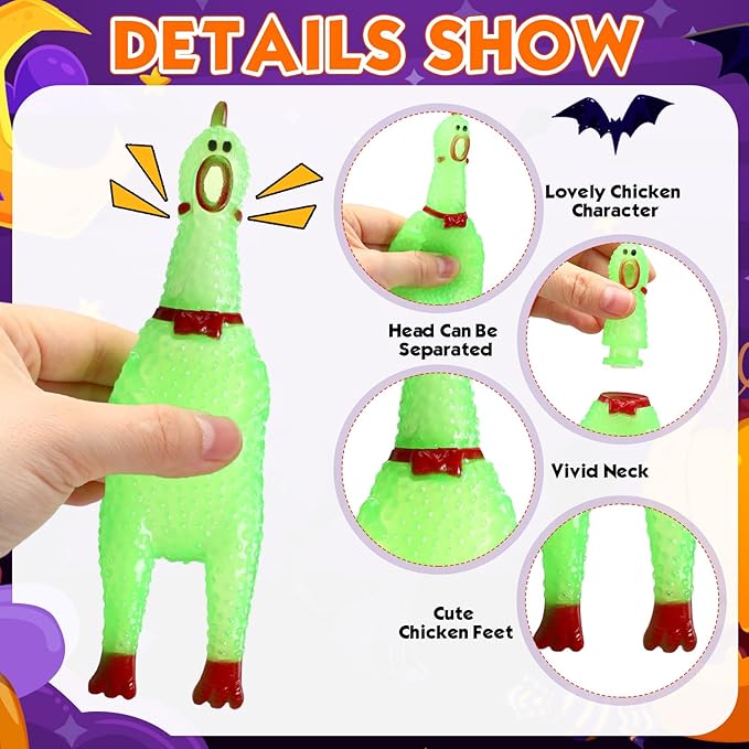 Honoson 50 Pcs Glow in The Dark Rubber Chicken 6.5 Inch Luminous Screaming Glowing Novelty Squeaky Chicken Prank Novelty Party for Adults, Family Games (Green)