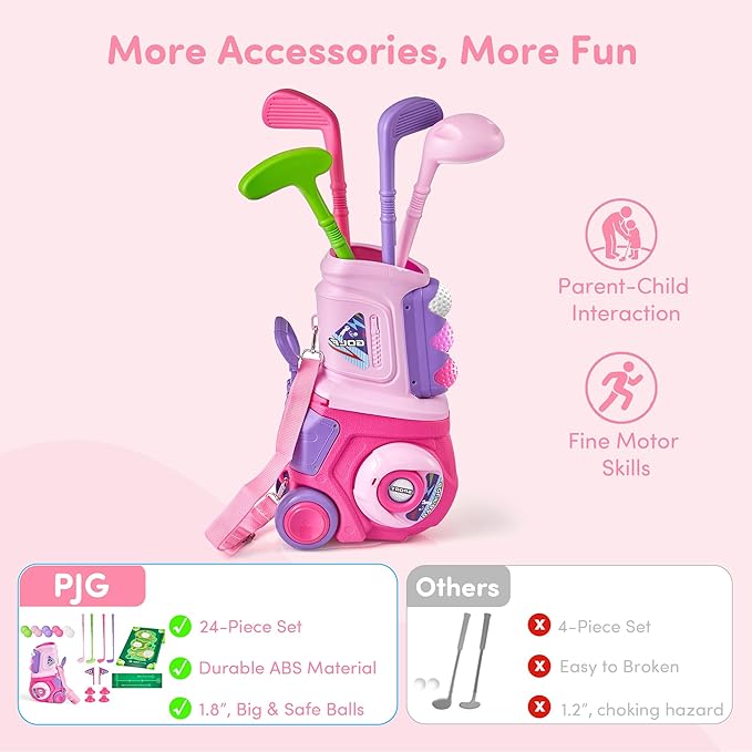 PJG Toddler Golf Set, Plastic Kids Golf Clubs Ages 1 2 3 4 5 Years Old with 4 Golf Clubs and 10 Balls, Indoor and Outdoor Golf Toys with Cart for Boys Girls Birthday Gift (Pink with mat and Cornhole)