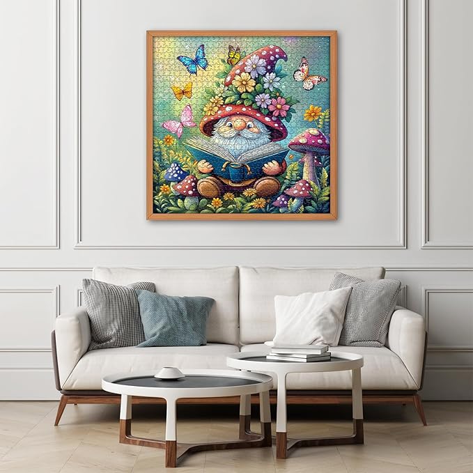 Funny Gnomes Puzzles for Adults 1000 Pieces, Nature Mushroom Butterfly Garden Themed, Cute Spring Gnome Flower Jigsaw Puzzles Challenge