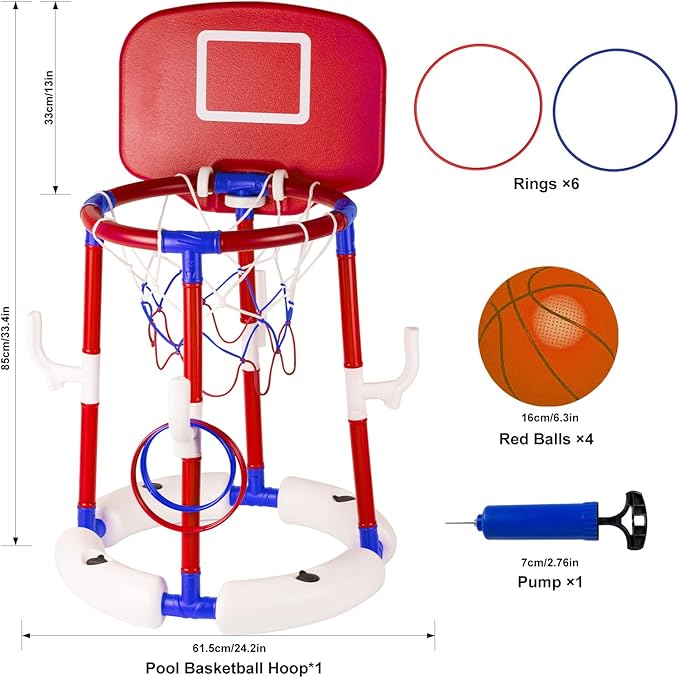 2-in-1 Floating Pool Basketball Hoop with Backboard, 4 Balls, 6 Rings & Pump, Stable Water Basketball Hoop & Ring Toss Pool Games for Ages 4-12, Summer Fun & Outdoor Indoor Family Pool Toys