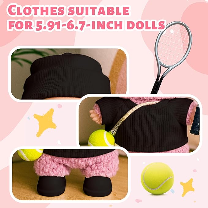 17cm Doll Clothes for Lububu Dolls，Designer Jerseys Clothes Suitable for lububu Dolls Outfits and Accessories Set， Includes top + Pants + Tennis Racket + Ball Charm + Shoes (Black)
