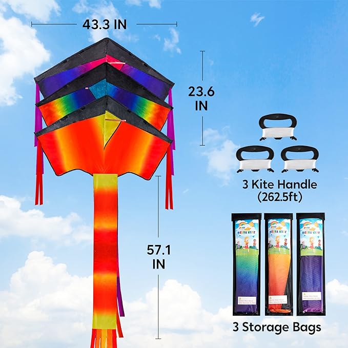 Joyin 3PCS Delta Kites for Adults & Kids, Easy to Fly Multicolor Kite with 262.5ft String, Large Beach Flying Toys for Family Activities, Outdoor Beach Games for Beginners Teens Adults