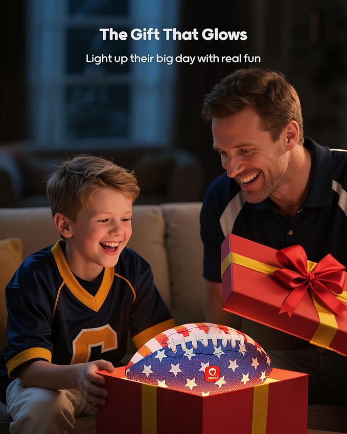 QPAU 10.5" Glow in The Dark Football (Size 6, 1 Pack), Light Up Youth Football with Pump & Batteries, Outdoor Toys & Games for Boys Girls, Birthday Gifts for Kids and Teens