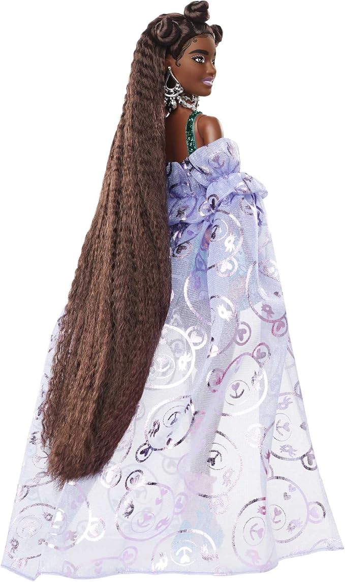 Barbie Extra Fancy Fashion Doll & Accessories Dressed in a Teddy-Print Gown with Sheer Train, Plus Teddy Bear Pet