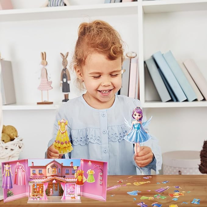 Yuzee Magnetic Dress Up Paper Dolls for Girls Ages 4-7 Princess Game Toys, Magnetic Doll Dress Up Kit Includes 1 Paper Doll and 33 Clothing Accessories with 3D City Building Mall, Girls Dress Up Game