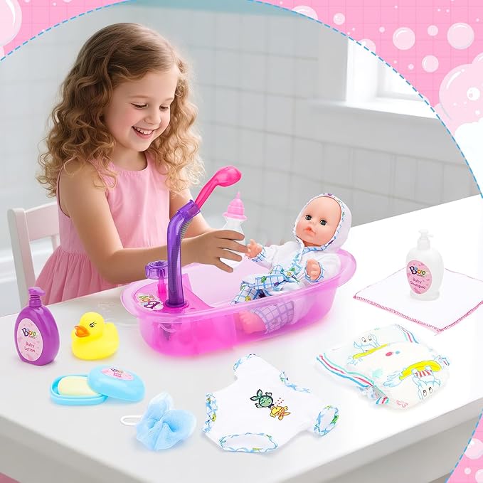 deAO Baby Doll Set,13 Inch Bath Time Baby Doll Playset with Working Shower Spray and Accessories for Kids,Baby Doll and Accessories with Bath Set, Great Pretend Play Toys for Girls