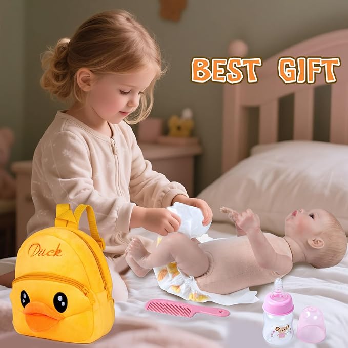 Pedolltree Reborn Baby Doll Diaper Bag Care and Feeding 9 Pcs Set for 17-24 inches Reborn Dolls Accessories Newborn Baby with Yellow Duck Backpack