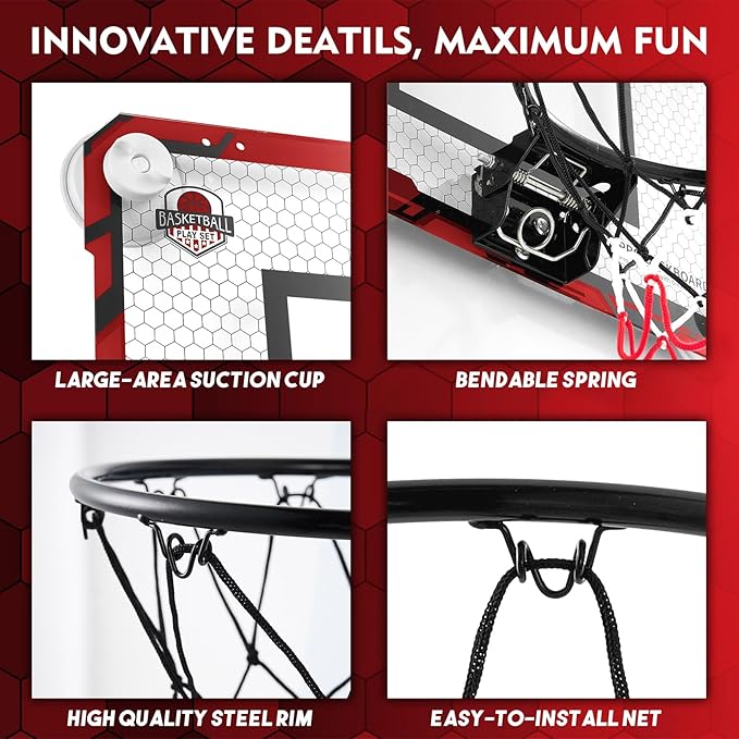 BOHEN Indoor Mini Basketball Hoops with Powerful Suction Cup, Stick to Windows, Wooden Doors, Smooth Walls - Basketball Backboard Indoor Bedroom Office for Kids Teens Adults
