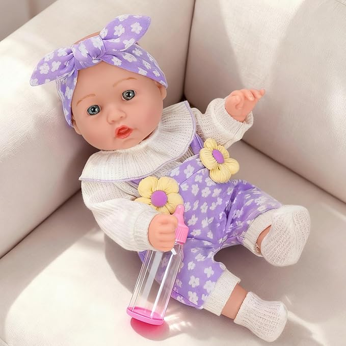 12" Flower Pattern Baby Doll With Backpack Carrier Can Store Clothes and Accessories,12 Inch Baby Dolls Set In Gift Box With Hanky Pacifier Bottle Pretend Baby Care Toy For Girl Child Toddler 3+ Gifts