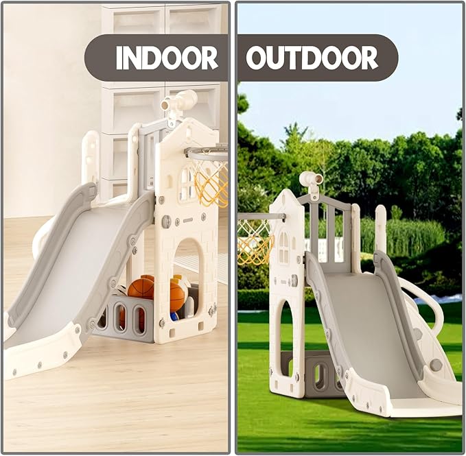 XJD 5 in 1 Toddler Slide, Kids Slide for Toddlers Age 1-3, Outdoor Indoor Playset for Toddlers with Basketball Hoop and Ball, Storage Space Christmas Birthday Gifts for Toddler (Gley)