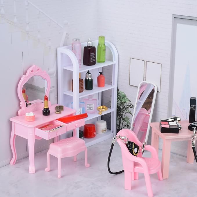 U-Zimikee 100 Pcs Dollhouse Mini Cosmetic Set，Miniature Bathroom Accessories，Mini Makeup Pretend Play Gifts for Girls，Jewelry Storage Case Shelf Handbag Camera Toiletries Dollhouse DIY Micro Scene