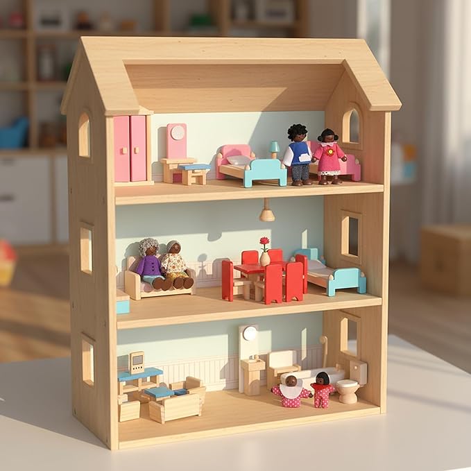 Sumind 35 Pcs Wooden Dollhouse Furniture and 8 African American Dolls Set for Inclusive Creative Play Fits Most 1 12 Scale Miniature Houses Easter Gift for Boys Girls