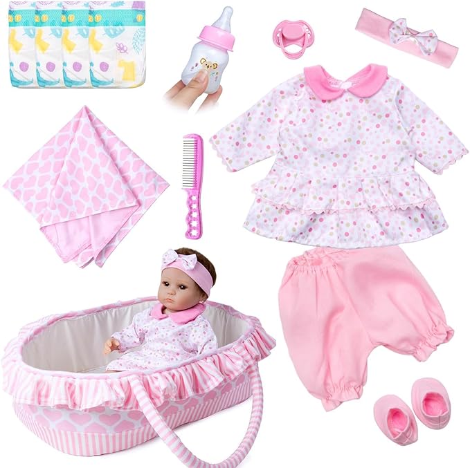 10 Pcs Reborn Baby Doll Clothes Pink Outfit Accessories for 16-18 Inch Reborn Dolls Newborn Baby Girl Clothes Set with Bassinet