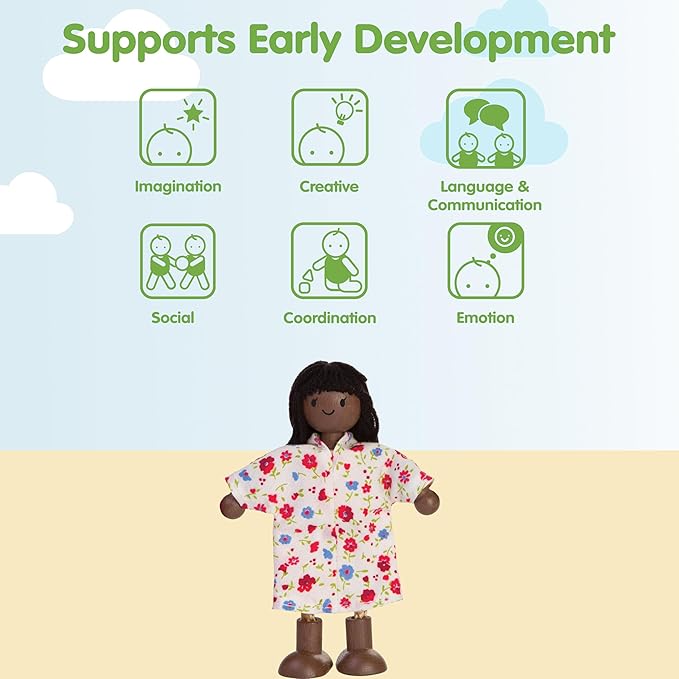 PlanToys® Mother Wooden Dollhouse Figurine | Poseable 1:12 Scale Mini Doll (5 Inch) | Dollhouse Accessories for Pretend Play | Eco-Friendly Montessori Toy for Kids Ages 3+