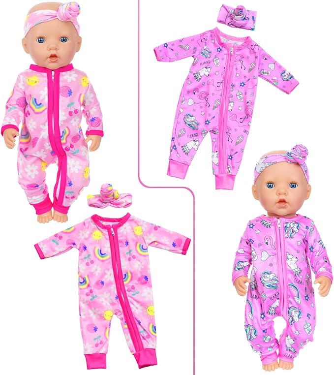 ZITA ELEMENT 5 Sets 14-18 Inch Baby Doll Clothes Outfits Casual Wear with Accessories - 10 Pcs Including Rainbow, Strawberry, Floral, Flamingo, and Butterfly Designs for 14-18 Inch Dolls