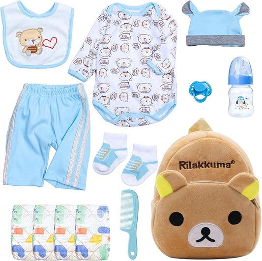 13Pcs Baby Doll Accessories Set, Reborn Baby Doll Clothes 17-22 Inch Boy Blue Outfits with Backpack + Diapers + Feeding Bottle, Babies Pretend Play Set