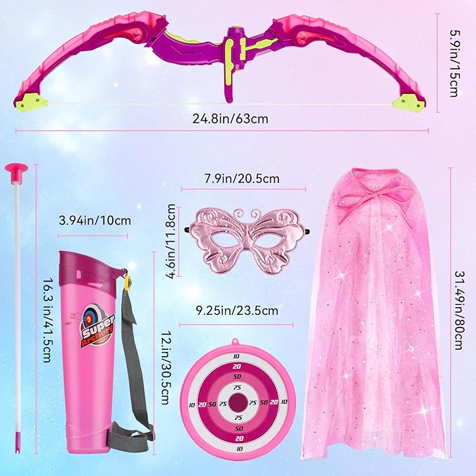 VGOFUN Kids Bow and Arrow Set: LED Light Up Archery Toy with Princess Cape and Headband, 10 Suction Cup Arrows, Outdoor Toys Gifts for 3-8 Year Old Girls (Archery Set with Butterfly Mask)