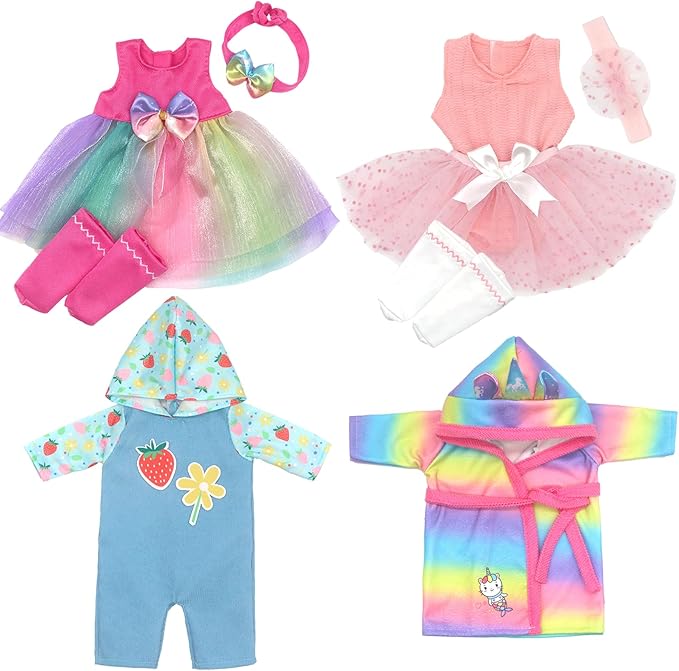 10-14 Inch Doll Clothes Dress and Accessories with Headband Socks 4-Packs for 14 Inch Girl Doll and 10-12 inch Baby Doll