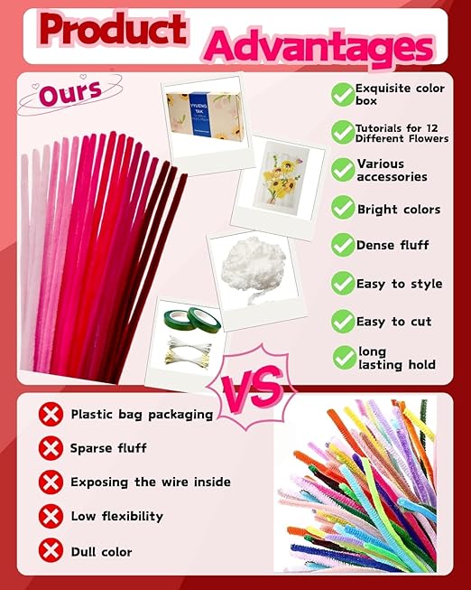 350 Pcs Red & Pink Pipe Cleaners Flower kit with tutoria,Fluffy Yarn,Green Floral Wires,Gardening Tape,Stamen，Pipe Cleaners Craft,Chenille Stems for DIY Art Projects Creative Gift Decor