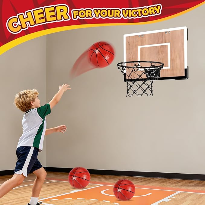 Indoor Basketball Hoop for Kids, Mini Basketball Hoops Over The Door and Wall Mount with Wooden Backboard, 3 Balls and Pump, Idea Toys Gifts for Kids and Adult