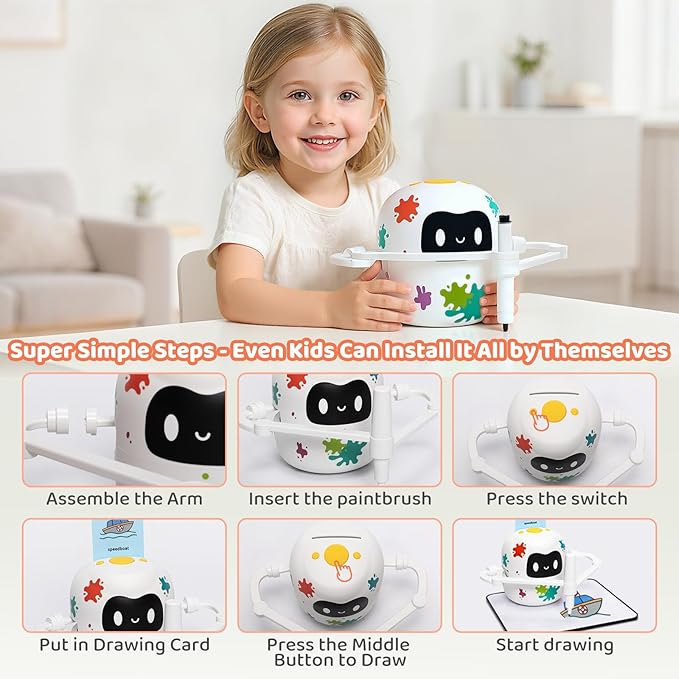 Mewaii Drawing Robot for Kids with 150 Cards, Interactive Educational Drawing Machine with Music, Erasable Board & 12 Crayons, Montessori Learning Toy, Birthday Gift for Boys Girls 5-8