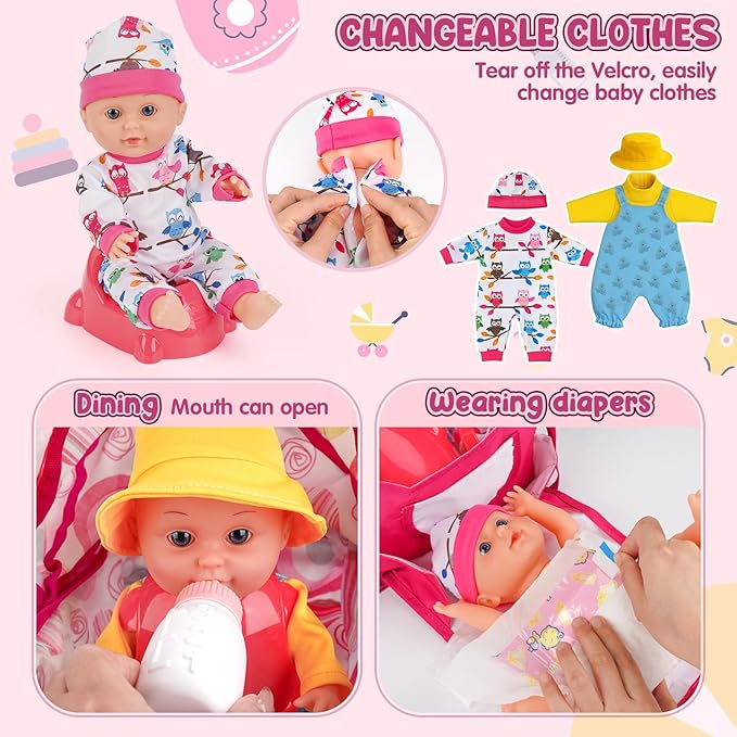 Baby Doll Stroller Toy Set with 12.5'' Doll, Diaper Changing, 2 Doll Clothes, Pacifier, Storage Bag, Baby Doll Accessories and Toy Baby Stroller for Girls Toddlers 3-5 4-6 5-7 Gifts for Pretend Play