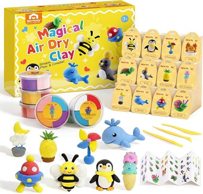 NewFamily Air Dry Clay Kit, 15 Colors, 12 Step-by-Step Projects, Project Cards & Instruction Guide, Soft Non-Sticky Clay with Tools, Non-Toxic DIY Craft Set for Home, School, Parties & Gifts