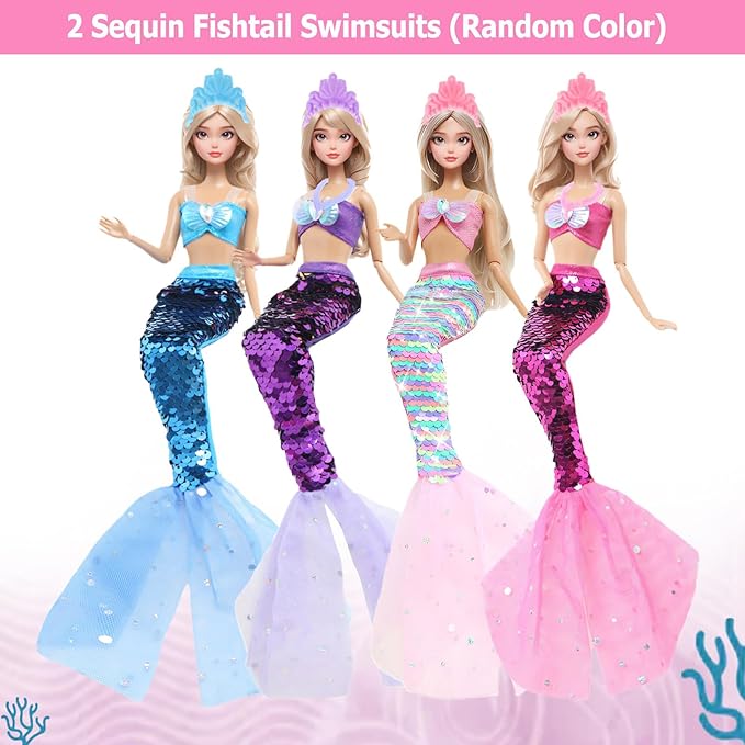 42 Pcs 11.5 inch Doll Clothes & Accessories, 2 Princess Dresses 2 Sequin Fishtail Swimsuits 2 Tops 1 Skirt 1 Pants 3 Bikini 1 Butterfly Wing Clothing, Doll Hangers Shoes ... for Girls Gift Age 3-6 5-7
