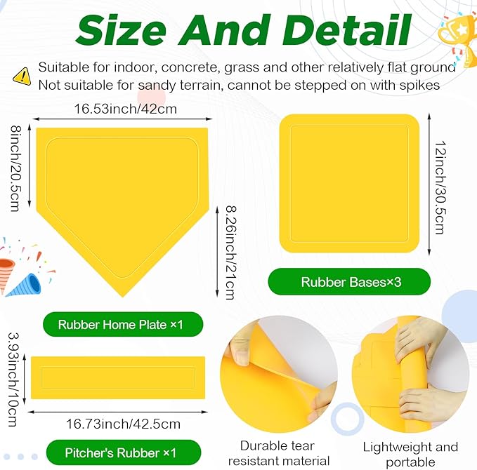 Jenaai 20 Pcs Sports Kickball Set, 3 10'' Playground Ball, 5 Rubber Throw Down Bases, Ball Pump, Net Bag, 10 Foul Line Cones, Kickball All in One Kit for Kids Adults Playground Backyard Game (Yellow)