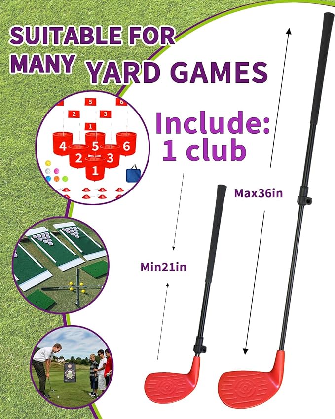 KOFULL Golf Club with Oversize Club Head for Golf Game Buckets, 1 PCS Club Length Adjustable for Backyard Golf Game, Yard Golf Club for Adults Family, Hitting Plastic Foam Balls in Grass, 36", Red