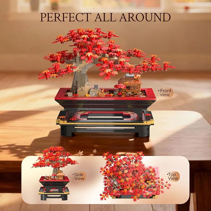 Wise Block Japanese Red Maple Bonsai Tree Building Toy Set for Adults - 900 Pcs Artificial Bonsai Tree Building Blocks for Adults, Easter Gift for Women Set Home Office Decor