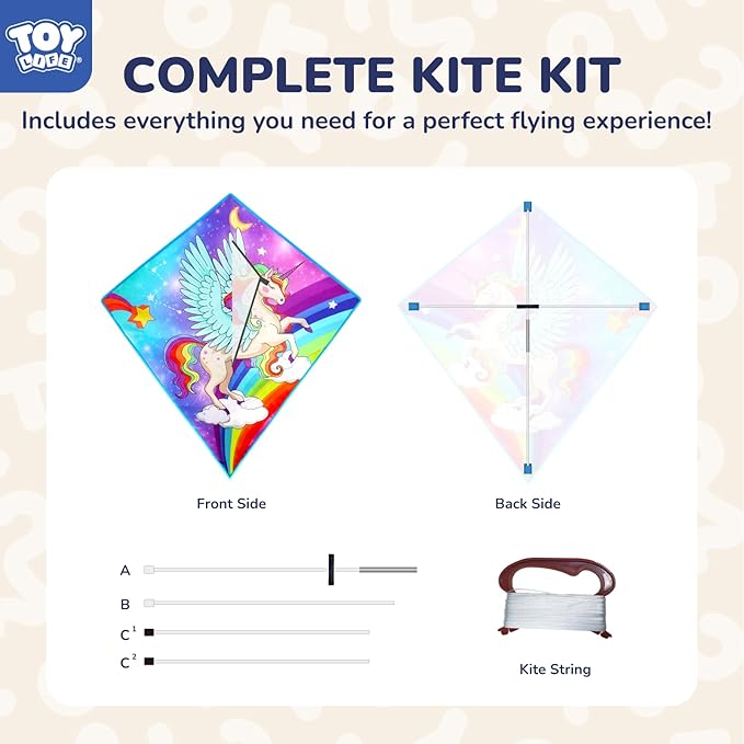 TOY Life Unicorn Kite for Kids – Large Easy to Fly Beach Kite with 50M String & Handle – Durable Nylon Outdoor Toy for Boys & Girls Ages 4-12 – Gift for Beach & Park Fun