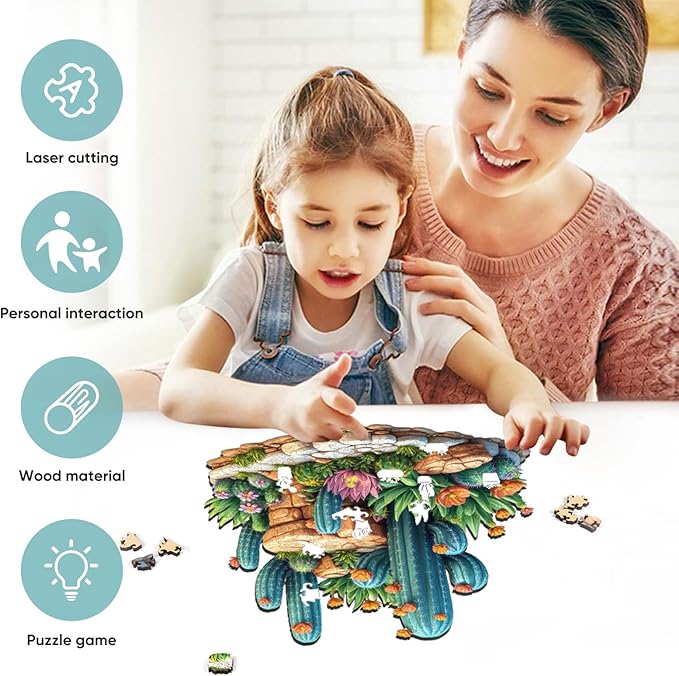 Delobil Succulent Cactus Wooden Puzzles for Adults, 500 Pieces Jigsaw Puzzles, Unique Shaped Wood Puzzle Gift for Adults and Kids, Family Game 16.7'' x 16.2''