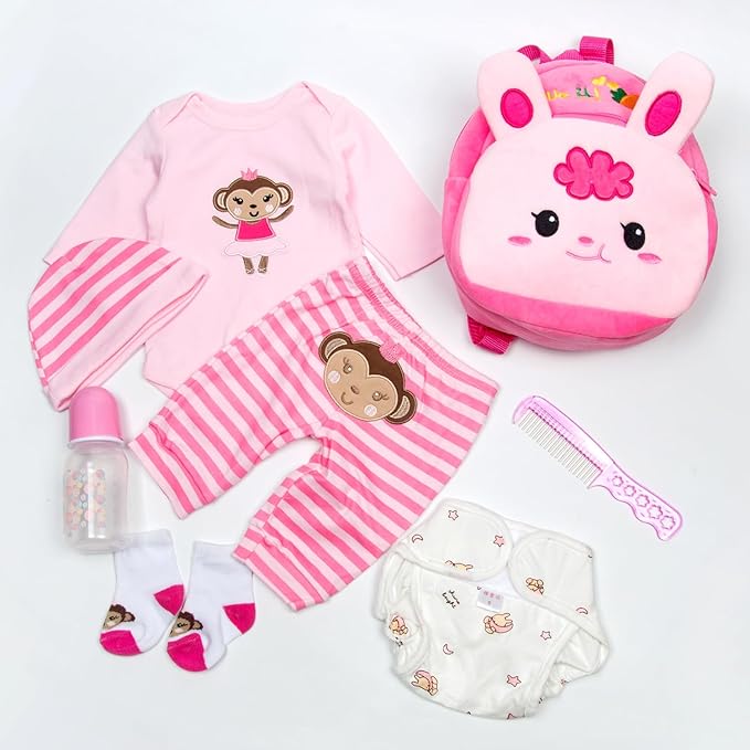 PEDOLLTREE Reborn Baby Doll Clothes Outfit Accessories Pink 8 Pcs Set with Rabbit Backpack&Diaper for 17-22 Inch Reborn Doll Newborn Baby Girl