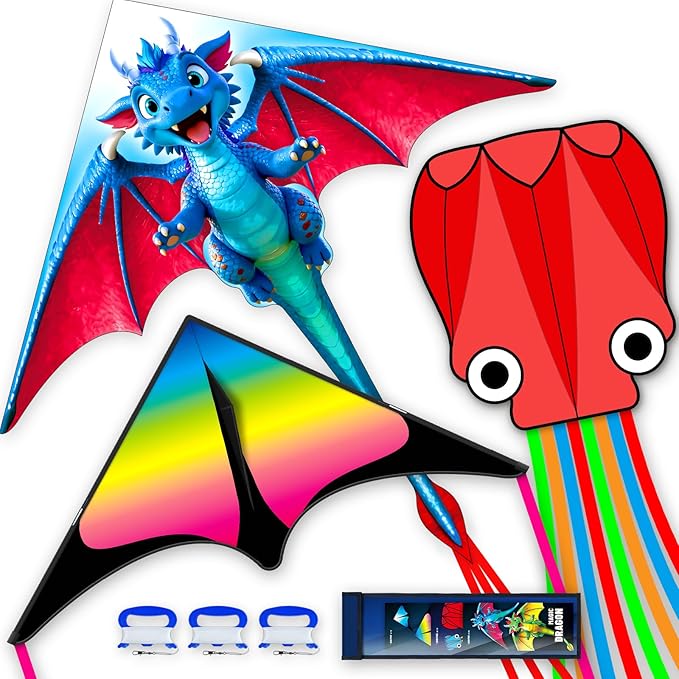 3 Piece Set Butterfly Delta Octopus Kites for Kids and Adults，Easy to Fly for Outdoor Adults Children Line Kite for Kids Toy (Blue Dragon+ Delta+Octopus Red, 3)