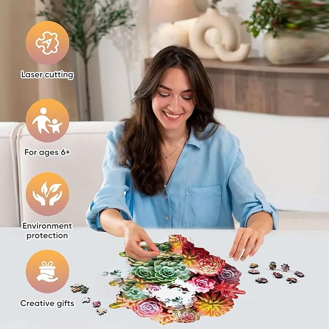 Reouinty Wooden Puzzles for Adults 200 Pieces, Colorful Succulent Jigsaw Puzzle for Mom Grils, Challenging Wood Puzzle, Beautiful Wall Decor, Unique Animal Shaped Puzzles for Family Game 11.3x10.5 in